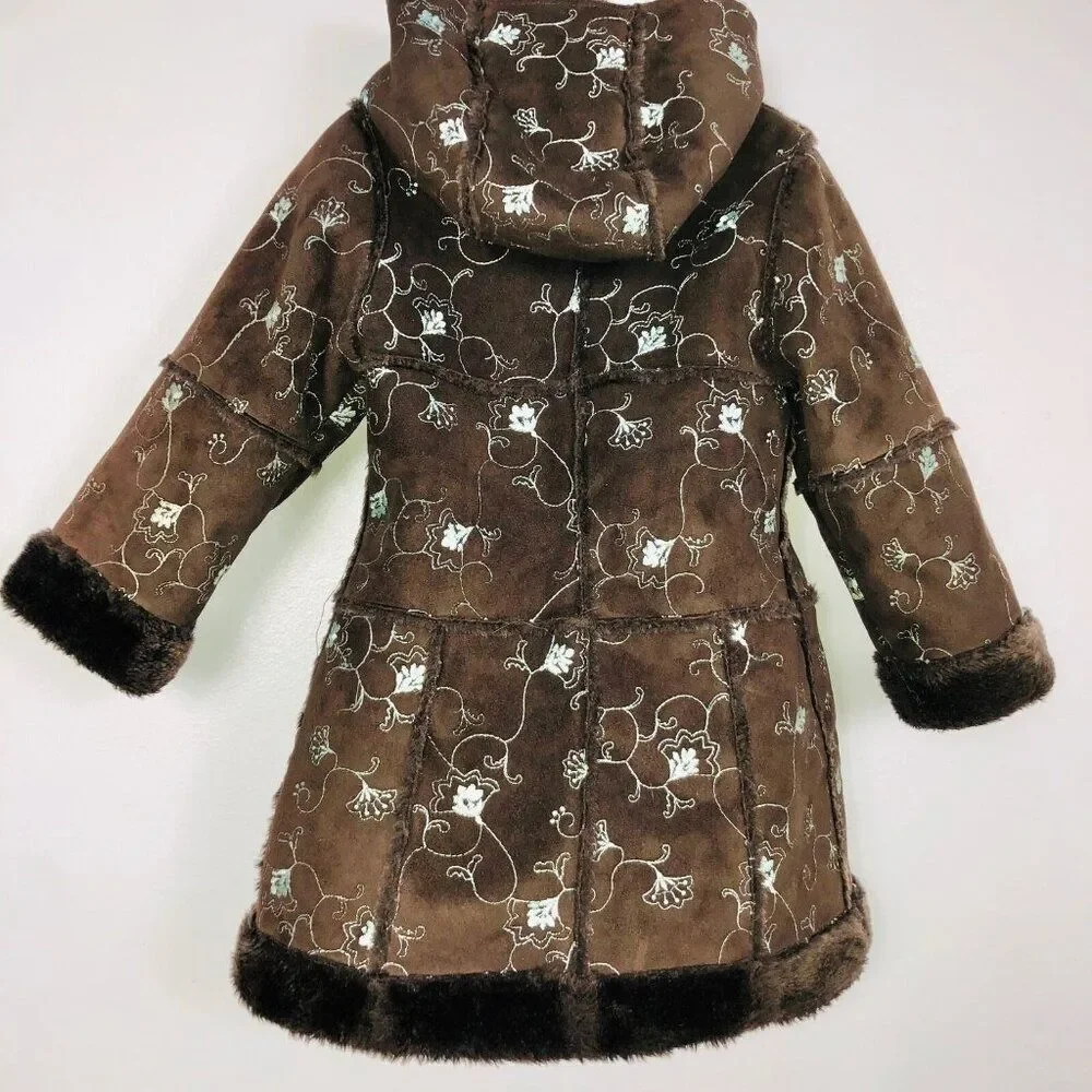Vintage Y2K Rothschild Girls 4T Coat Brown Teal Embroidered Faux Fur Winter Long